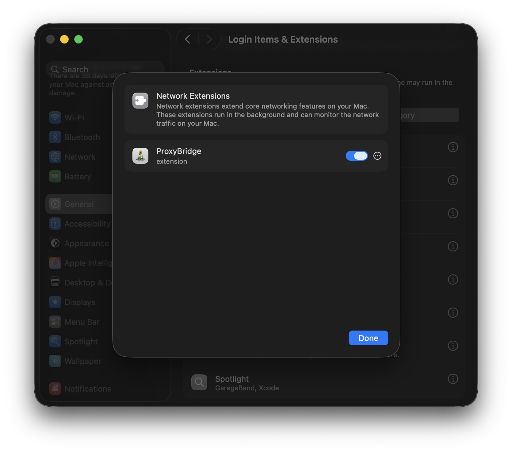 System Settings showing the Network Extensions panel with ProxyBridge listed