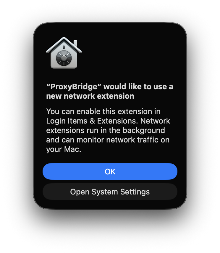 ProxyBridge permission prompt asking to install the system extension