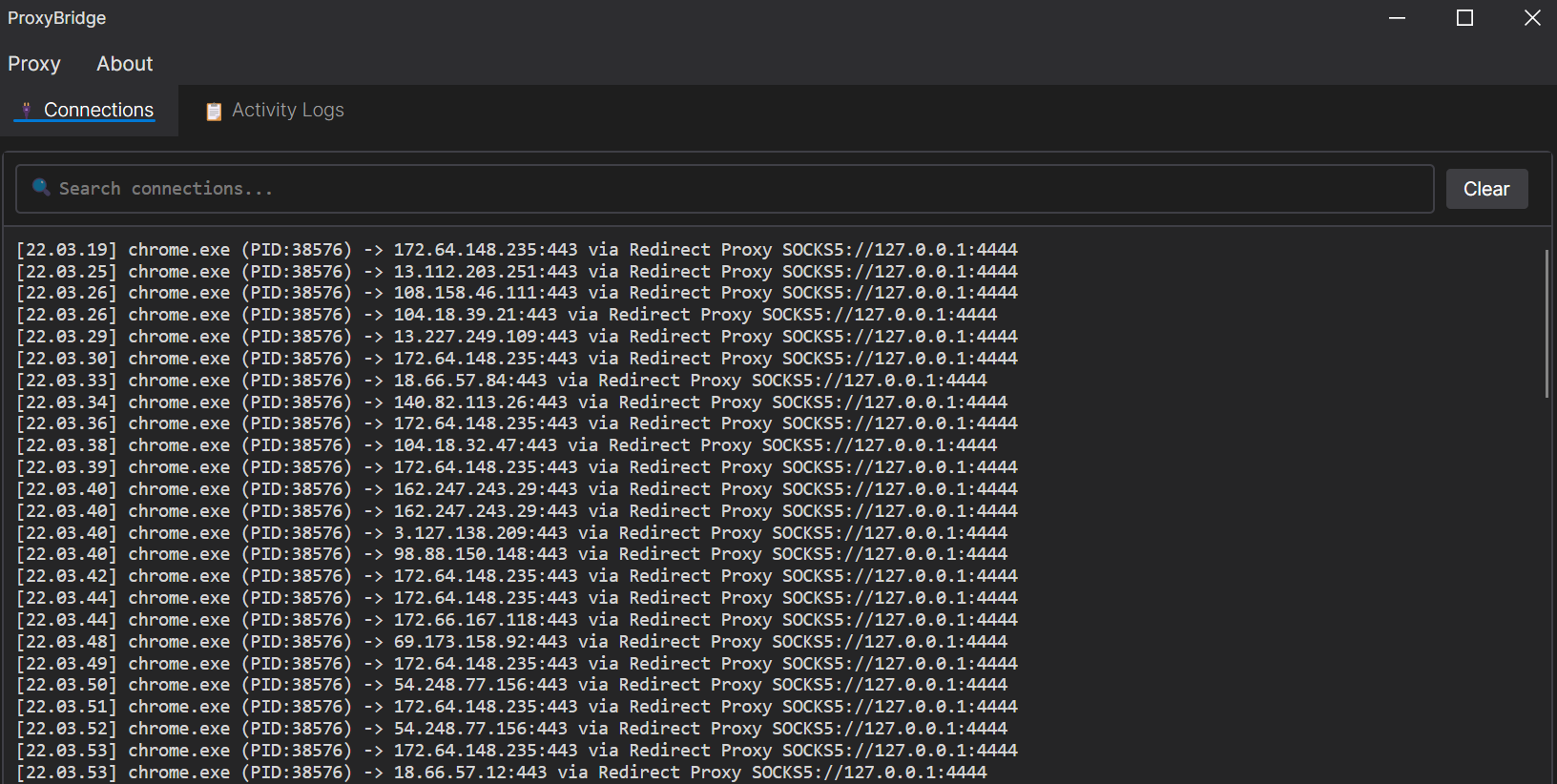 ProxyBridge Connections tab showing live traffic