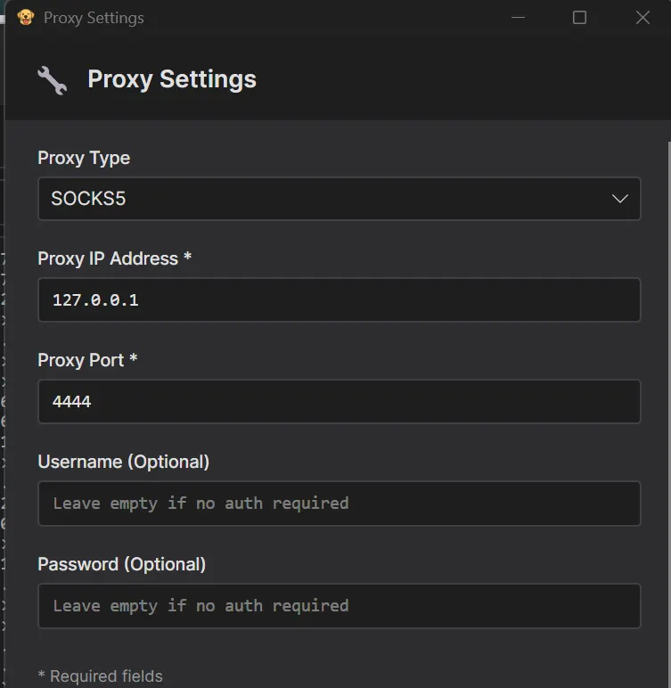 ProxyBridge Proxy Settings configured to use InterceptSuite SOCKS5 on 127.0.0.1:4444