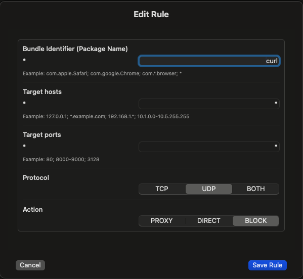 ProxyBridge macOS Add Rule window