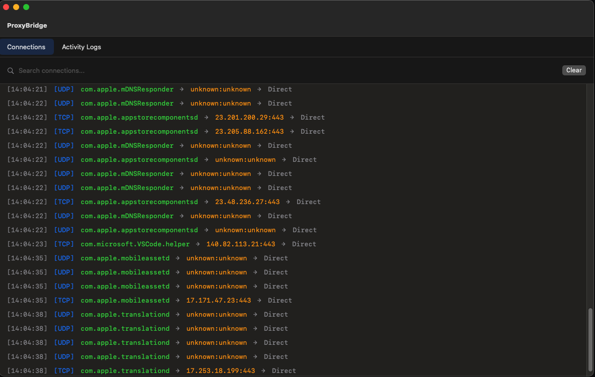 ProxyBridge Connection tab showing live network traffic logs